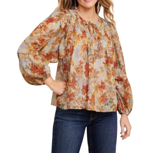 Maurices Plus Blouson Sleeve Blouse Metallic Sheer NWT Leaf Print Fall Autumn - Picture 1 of 16